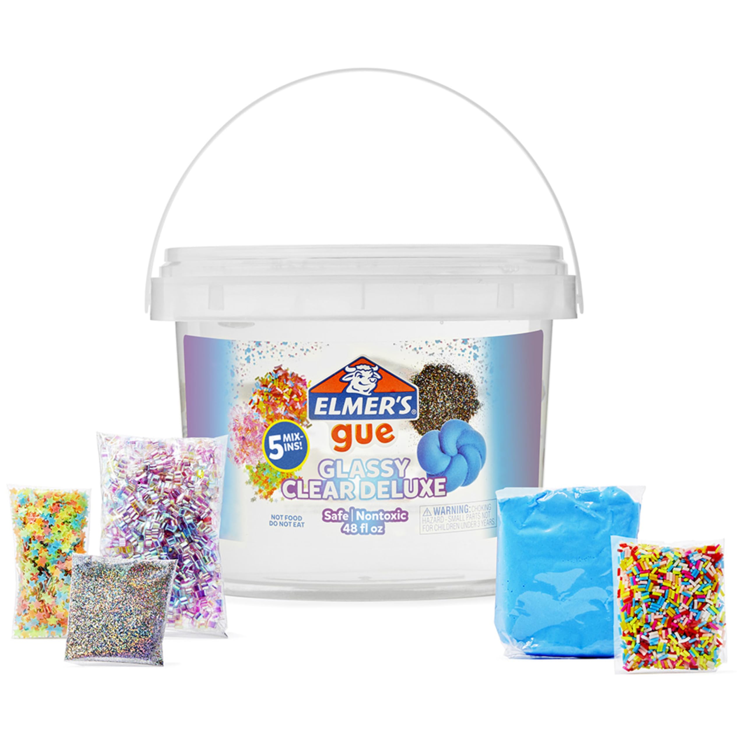 Elmer's Glue-All Premade Slime Kit Includes 5 Sets of Slime Add-ins, 3 Lb. Bucket, Glassy Clear
