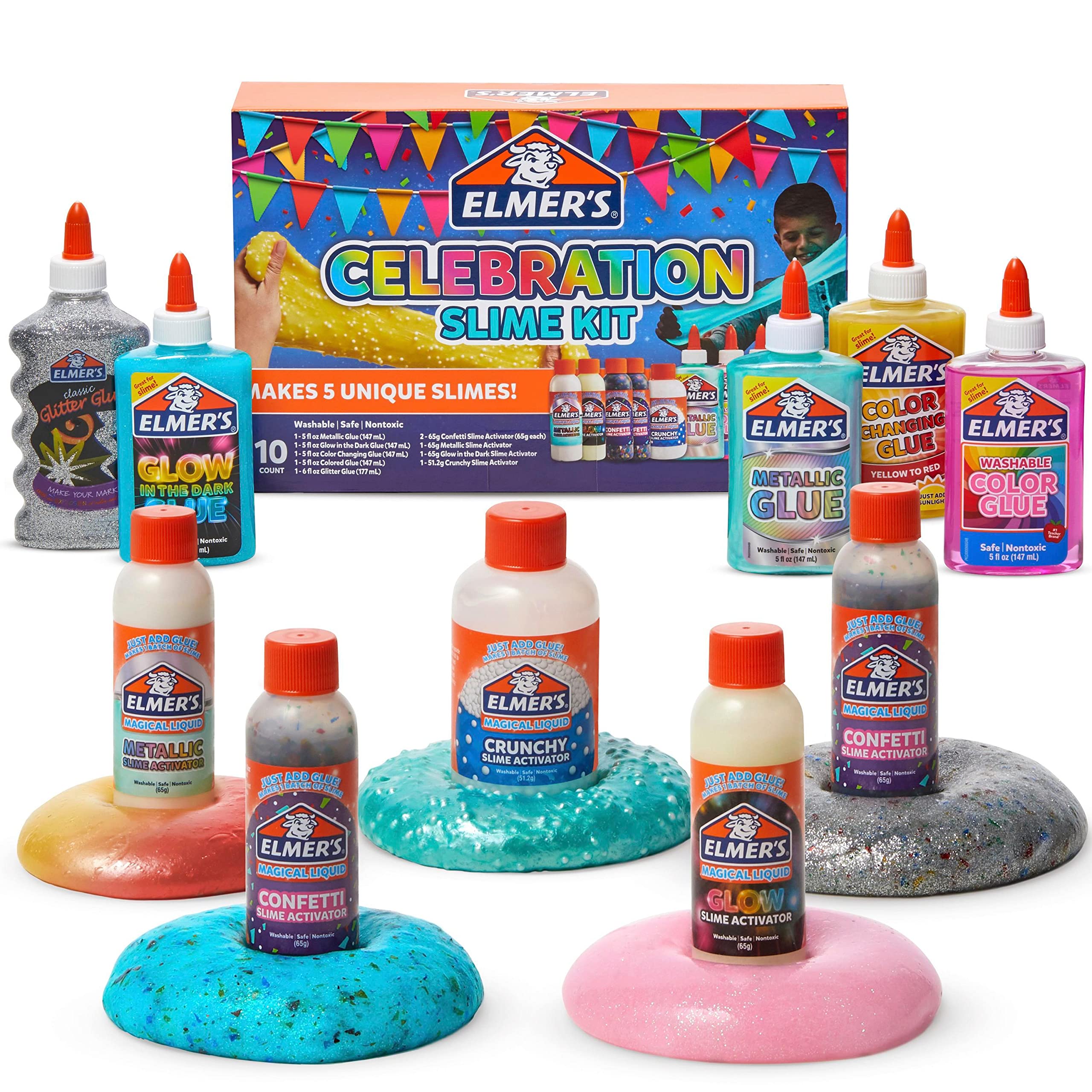 Elmer's Celebration Slime Kit for Parties and Activity Time with 10 Count Assorted Magical Liquid Activators and Liquid
